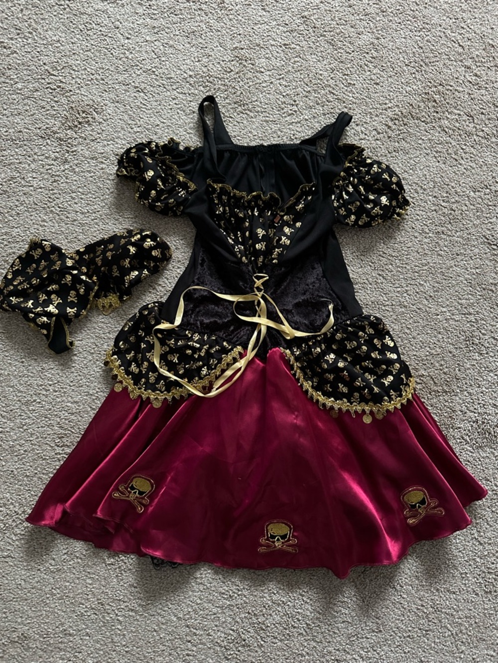 Girls Black and Burgundy Pirate Costume Dress with Gold Trim